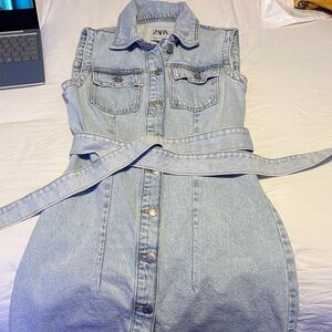 Zara Sky Blue Denim Belted Dress